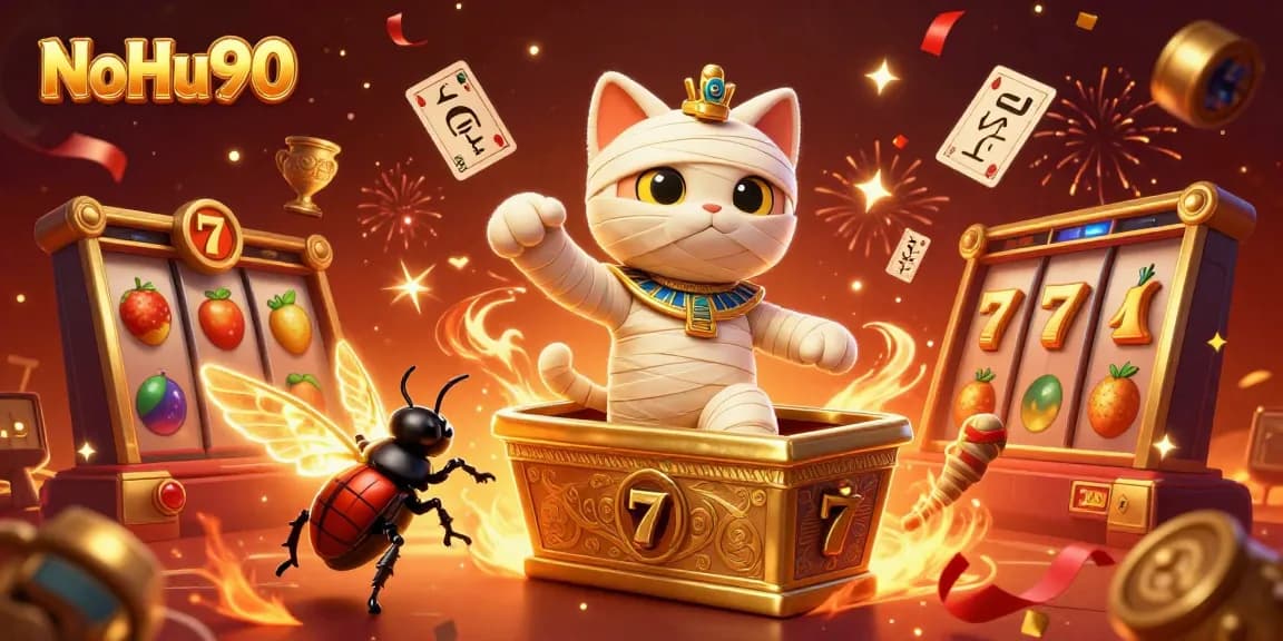 NoHu90 engages players with a lively 3D casino scene featuring an Egyptian mummy cat and vibrant game elements.