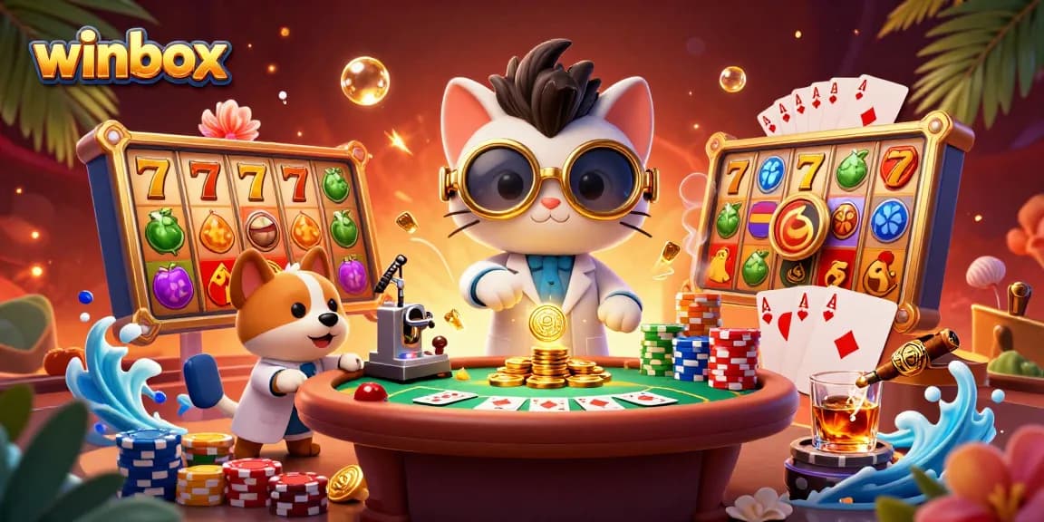 Winbox scene featuring a mad scientist cat and a dog assistant at a poker table with vibrant slot machine elements.