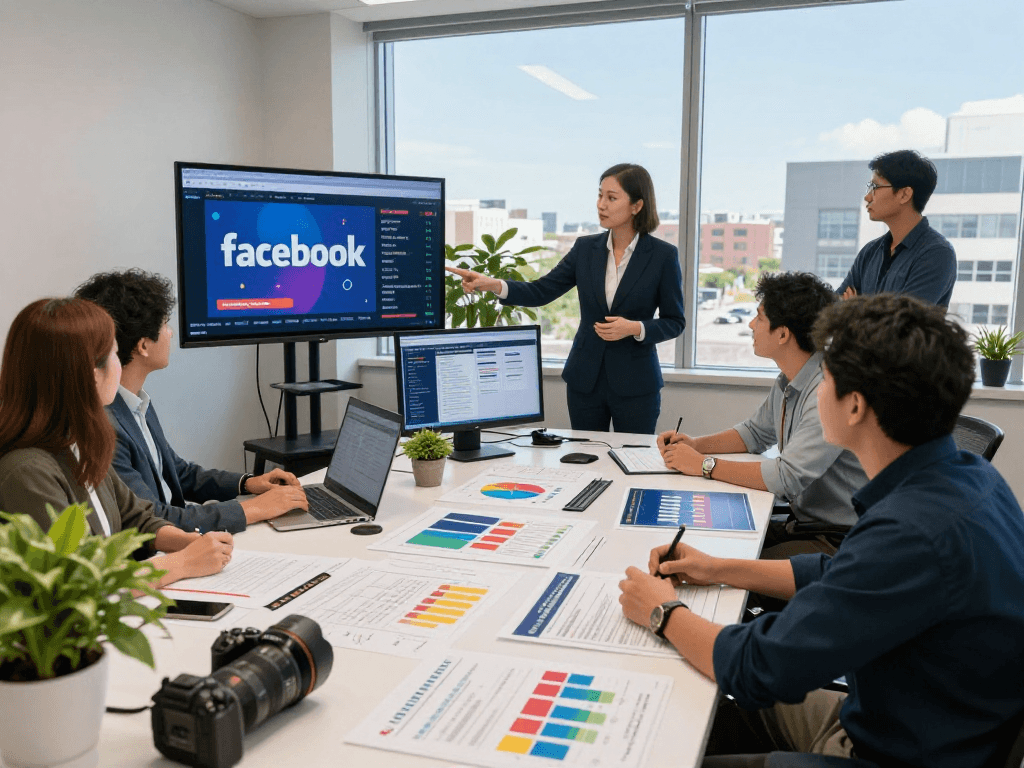 Engaging strategy session for Facebook ads for candidates in a lively campaign office environment.