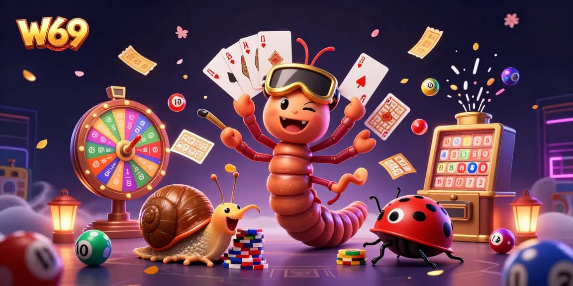 W69 casino featuring a dynamic scene with an energetic millipede dealer and games for thrilling gameplay.