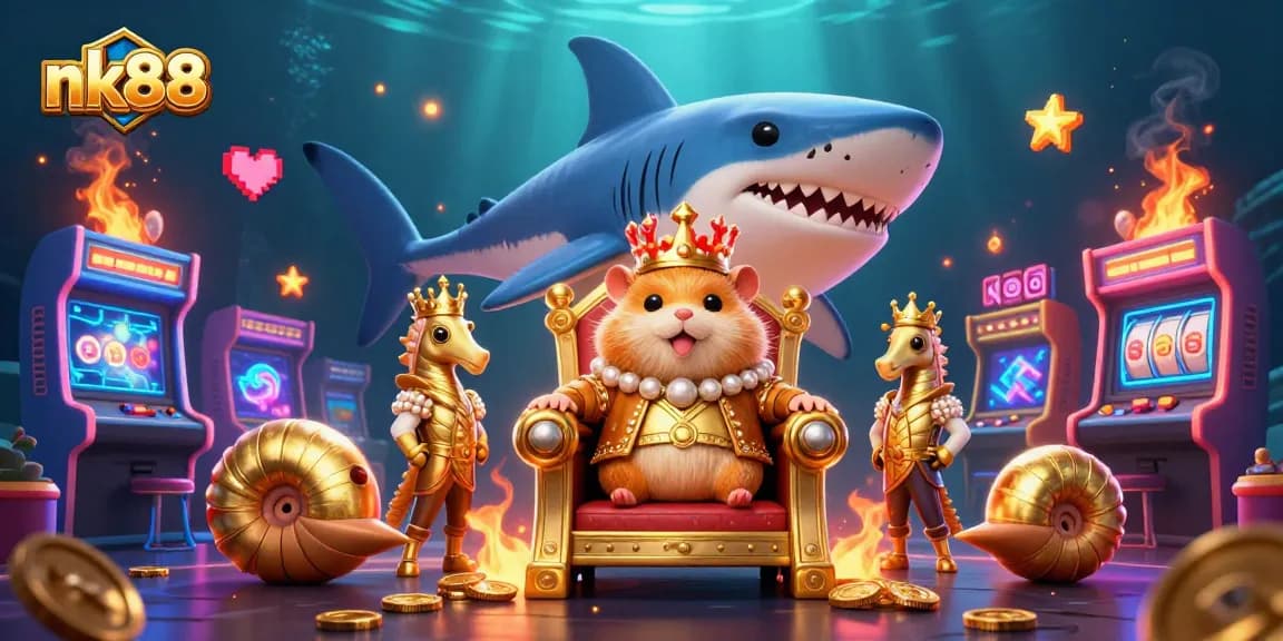Experience thrilling gameplay at nk88 with a golden hamster king in a vibrant online casino scene.