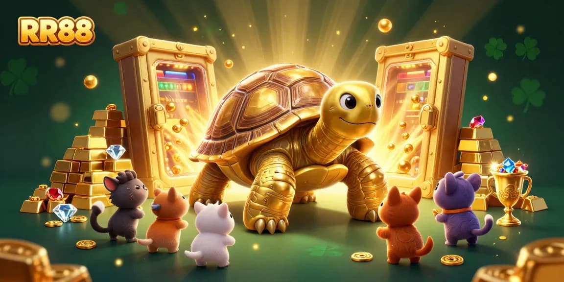 Play thrilling games at RR88, experiencing an exuberant scene with golden treasures and a colossal tortoise!