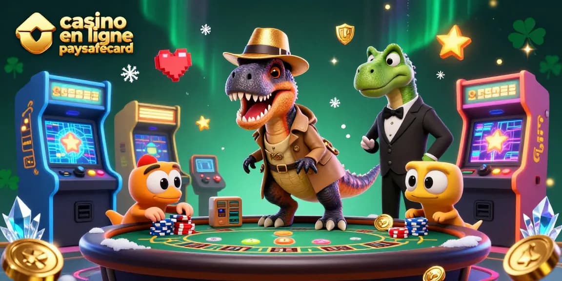 Découvrez le casino en ligne paysafecard avec un velociraptor joueur au blackjack, entouré de machines colorées.