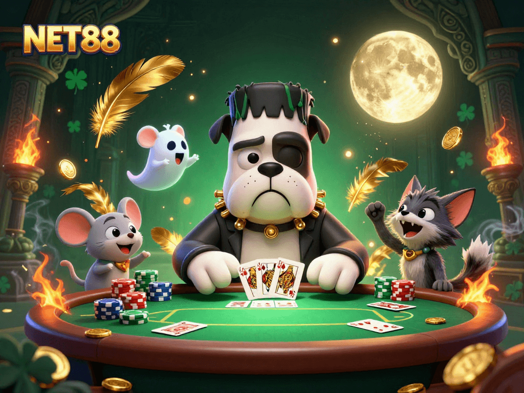 Experience thrilling poker action with NET88's animated scene of a bulldog monster dealing cards and a werewolf kitten.