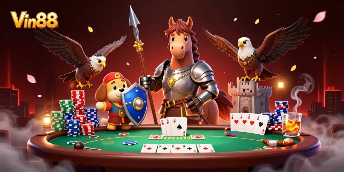 Experience thrilling gameplay at Vin88 with a captivating poker scene featuring knights and gameplay elements.
