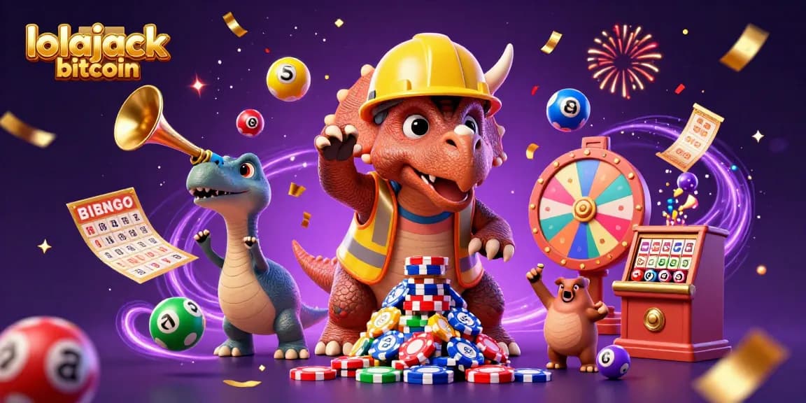 Celebrate with lolajack bitcoin as a triceratops builds poker chip pyramids in this vibrant casino scene.