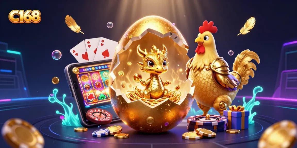 C168 platform showcases a vibrant golden dragon with poker chips, celebrating exciting gaming action.