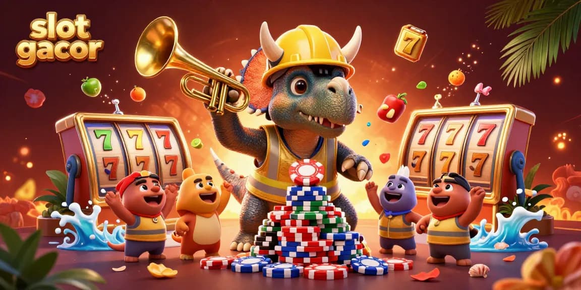 Experience the thrill of slot gacor with cartoon dinosaurs celebrating a jackpot win.