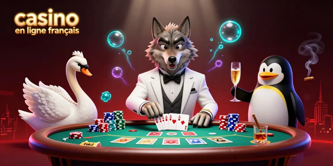 Illustration dynamique de casino en ligne français avec un loup, un cygne et un pingouin jouant au baccarat.