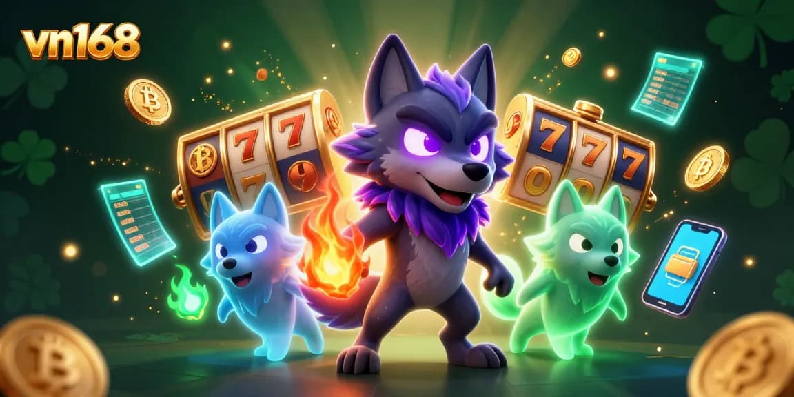 Experience thrilling gameplay with vn168, featuring a dynamic wolf trio amidst vibrant casino elements and crypto coins.
