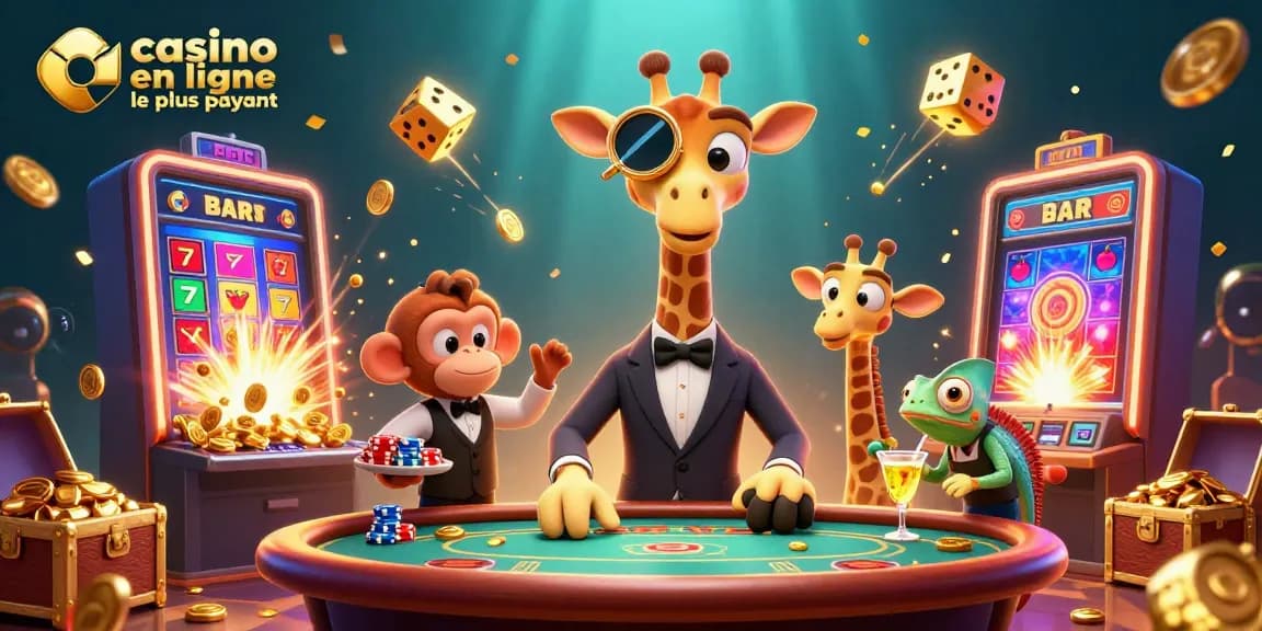 Jouez au casino en ligne le plus payant avec une girafe élégante, un valet singe, et un barman caméléon, entourés de machines à sous et de jets de pièces d'or.