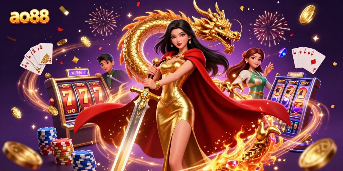 Experience ao88 with a royal queen and dragon, surrounded by slot machines and winning symbols.
