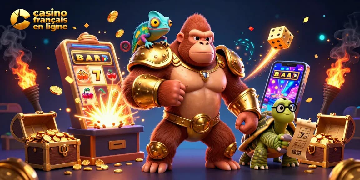 Un gorille puissant en armure d'or et un caméléon complice illustrent le casino français en ligne avec des jackpots éclatants.