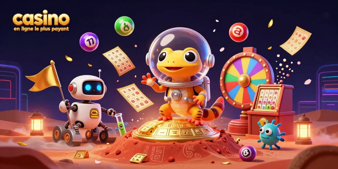 Profitez de l'expérience de jeu au casino en ligne le plus payant avec des éléments de loterie et un gecko martien explorant un casino doré.