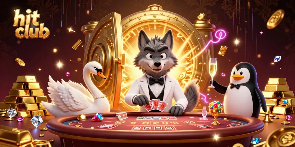 Hit club showcases a vibrant baccarat scene with characters and lavish casino elements.