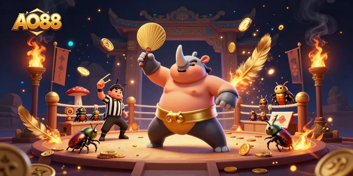Engage with AO88's thrilling atmosphere as the rhinoceros beetle sumo champion captures the excitement of the gambling arena.