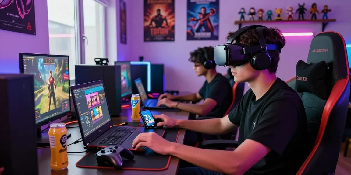 Players enjoying immersive porn games in a vibrant gaming setup featuring modern devices and colorful lighting.