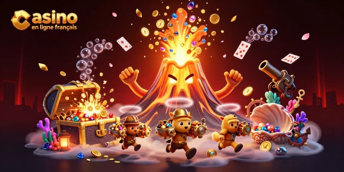 Illustration d'un casino en ligne français avec un volcan doré triomphant, des trésors et des cartes.