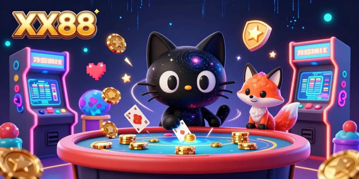 Engage with the immersive cosmic casino experience featuring XX88's unique characters and vibrant gaming elements.