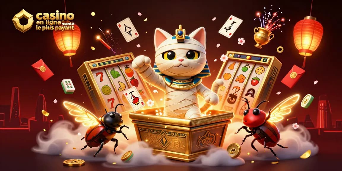 Illustration présentant le casino en ligne le plus payant avec une momie égyptienne et des éléments de jeux captivants.