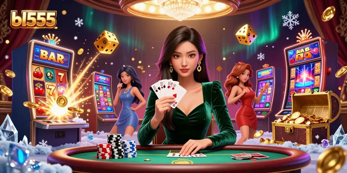 Experience bl555's thrilling casino action with an elegant player strategizing at a poker table.