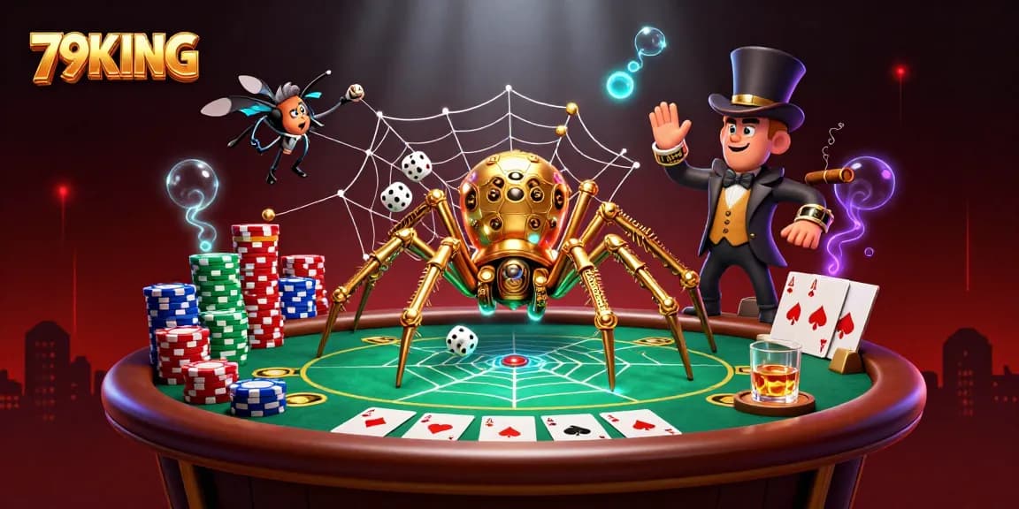 Engage with 79KING's vibrant 3D casino scene featuring golden spider catching dice amidst poker elements.