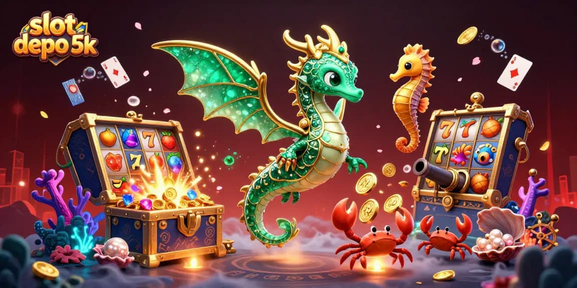 Experience thrilling slot gameplay with slot depo 5k as a cartoon sea dragon guards treasures.