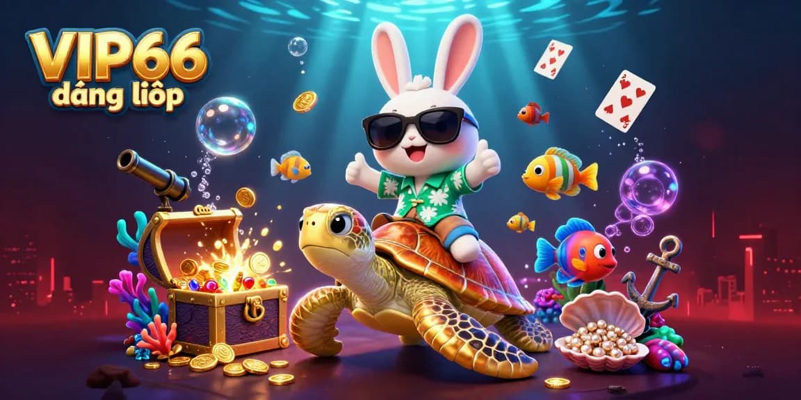 Engage in the thrill of VIP66 đăng nhập with a playful rabbit and a golden turtle amidst a vibrant underwater casino.