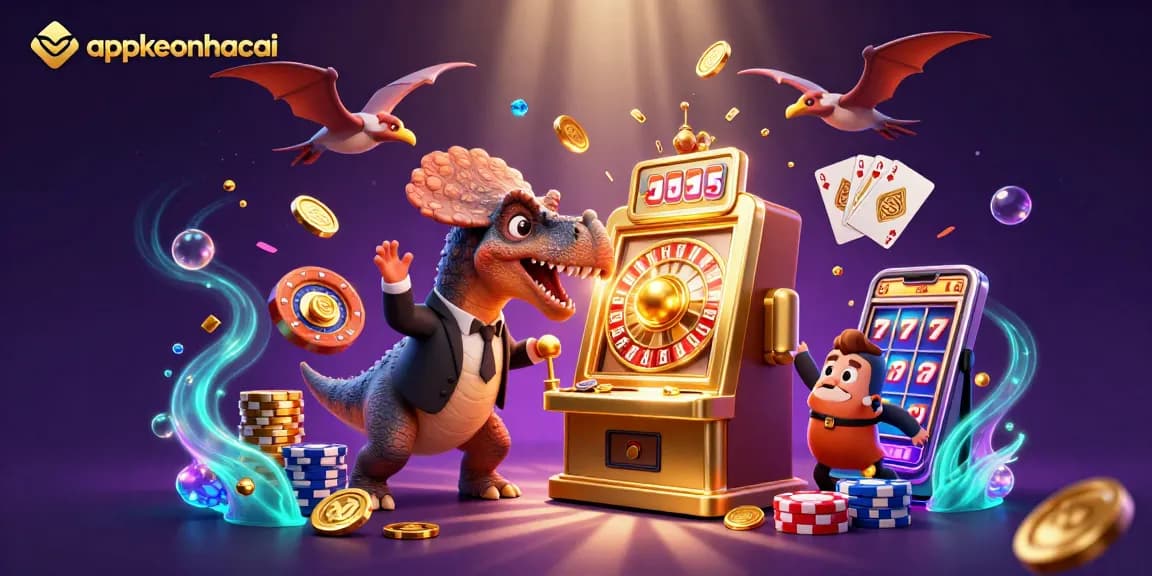 Cascade of golden coins and gems fly as appkeonhacai's pachycephalosaurus hits a jackpot slot machine.