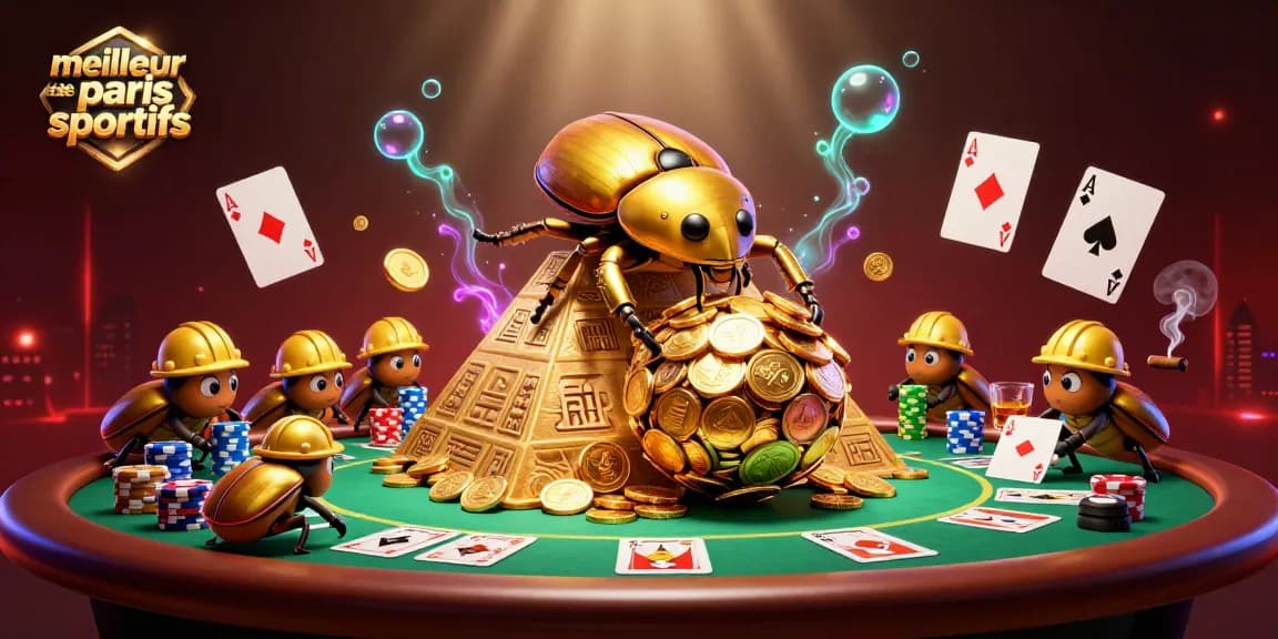 Visualiser le meilleur site de paris sportifs avec des scarabées dorés et des éléments de jeux de casino.