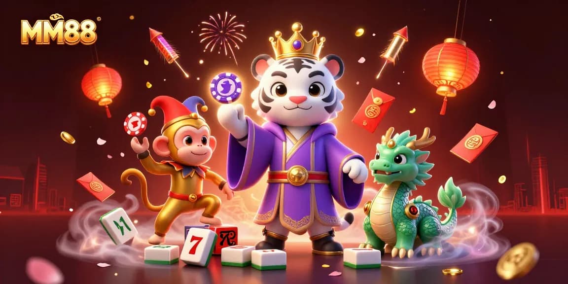 Engage with MM88's vibrant casino experience featuring lively characters, classic gambling elements, and a festive atmosphere.