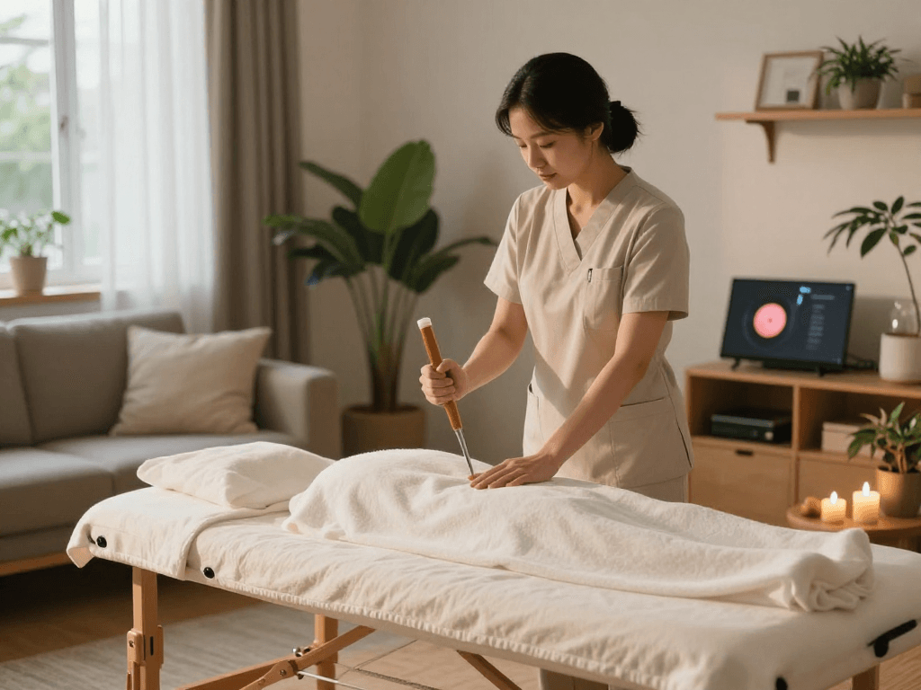 Relaxing 용인출장마사지 setup with professional therapist preparing oils in cozy living room atmosphere.
