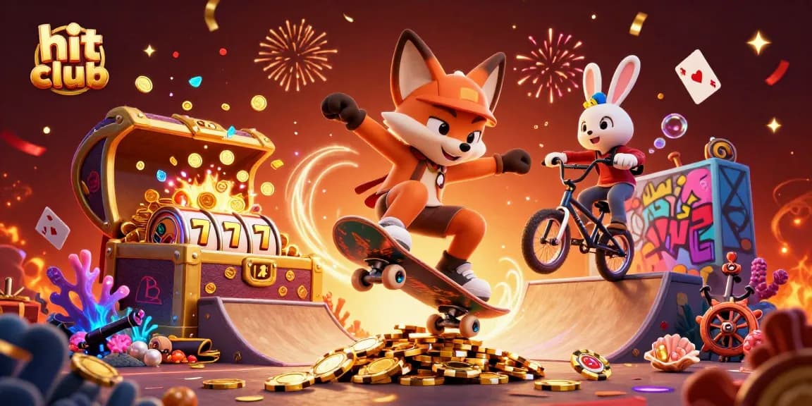 Experience the excitement of hit club with a thrilling casino scene featuring playful characters and dynamic gaming elements.