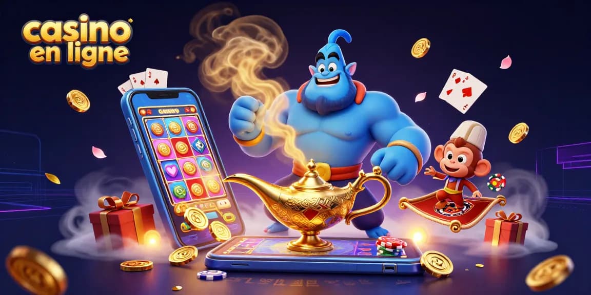 Gagnez aux jeux passionnants du casino en ligne avec une illustration dynamique de la lampe magique.