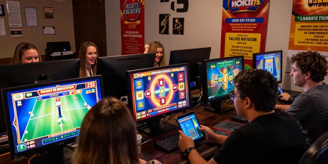 Players enjoying HOKI178's online slot games in an exciting virtual casino environment, showcasing vibrant graphics and community.
