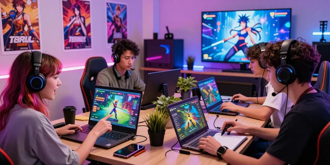 A group testing free hentai games in a vibrant game studio, engaging gameplay and collaboration, showcasing diverse young adults.