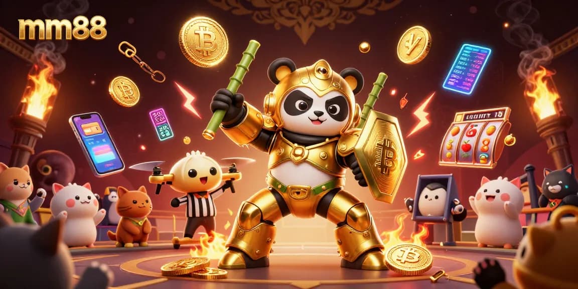 Engage in thrilling gaming at mm88 with a vibrant 3D illustration showcasing a mech-suit panda in a dynamic casino arena.