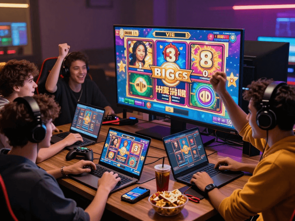 Young adults enjoying gacor slot games in a lively gaming atmosphere