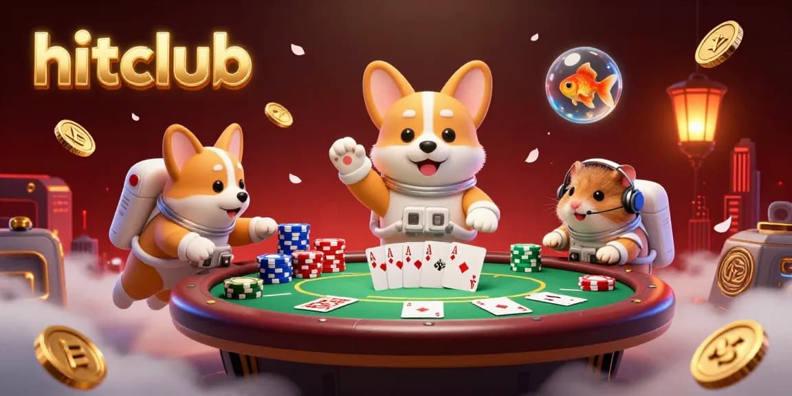Hitclub offers an immersive gaming experience featuring a playful astronaut corgi in a lively casino scene.