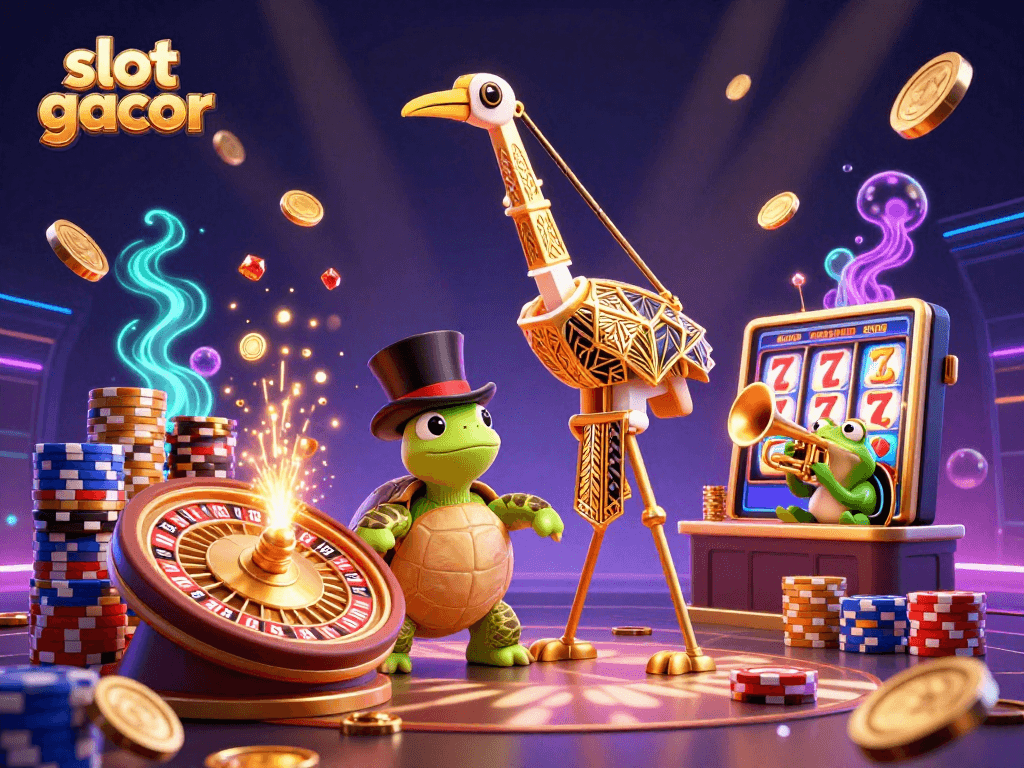 Engage with slot gacor while enjoying cascading coins, roulette wheels, and vibrant casino characters.