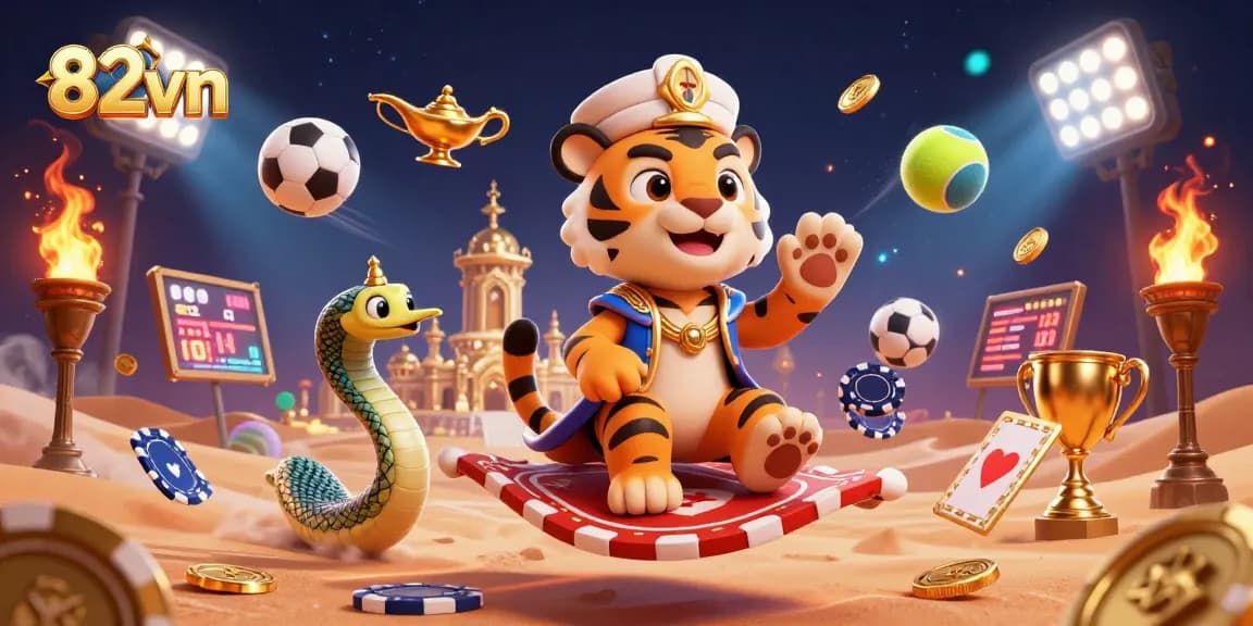 Bet on 82vn with an energetic scene featuring a cartoon tiger sultan and sports elements.