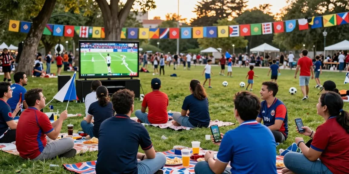 Fans enjoying كورة لايف during a live outdoor football match, with vibrant energy and community spirit.