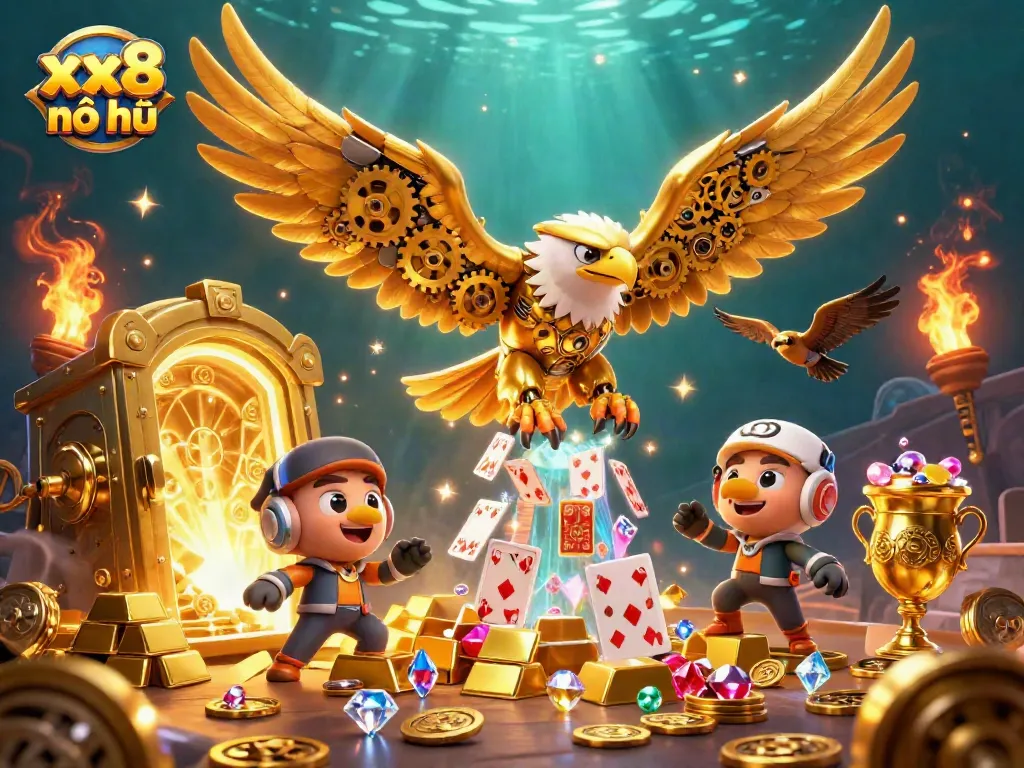 Experience xx8 nổ hũ with a cybernetic eagle amid dazzling casino treasures.