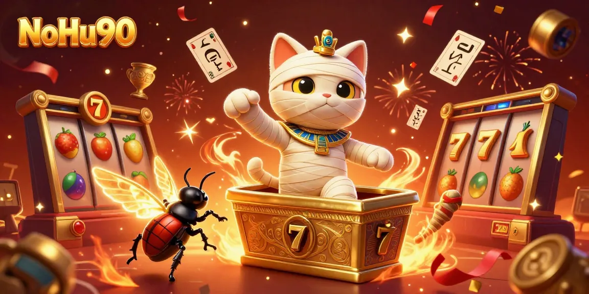 NoHu90 engages players with a lively 3D casino scene featuring an Egyptian mummy cat and vibrant game elements.