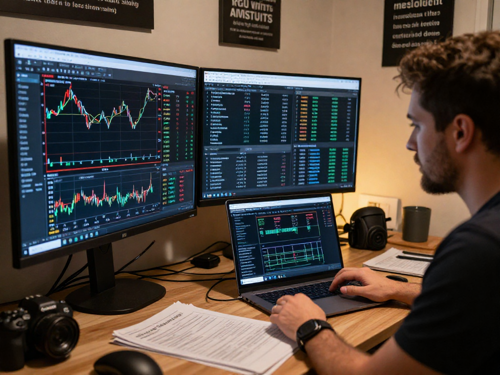 交易者在分析市场数据，显示MetaTrader 5界面和经济日历的现代交易工作空间。