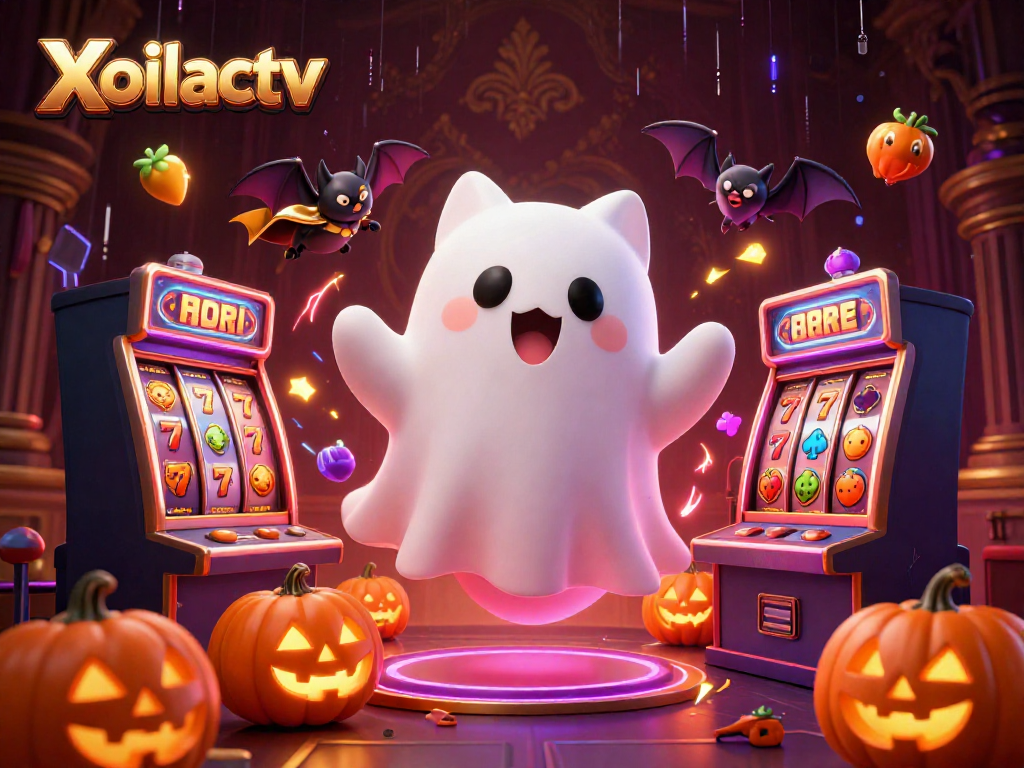 Xoilactv showcases a playful ghost cat and bat in a haunted casino full of glowing slot symbols.