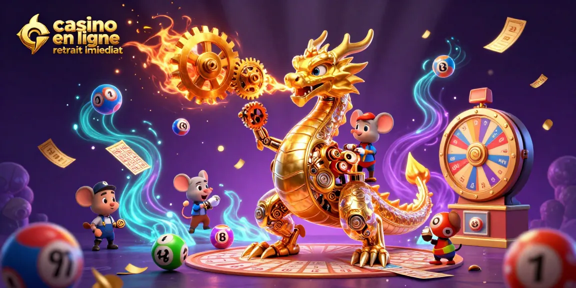 Casino en ligne retrait immédiat avec un dragon mécanique doré et des éléments de jeu captivants.