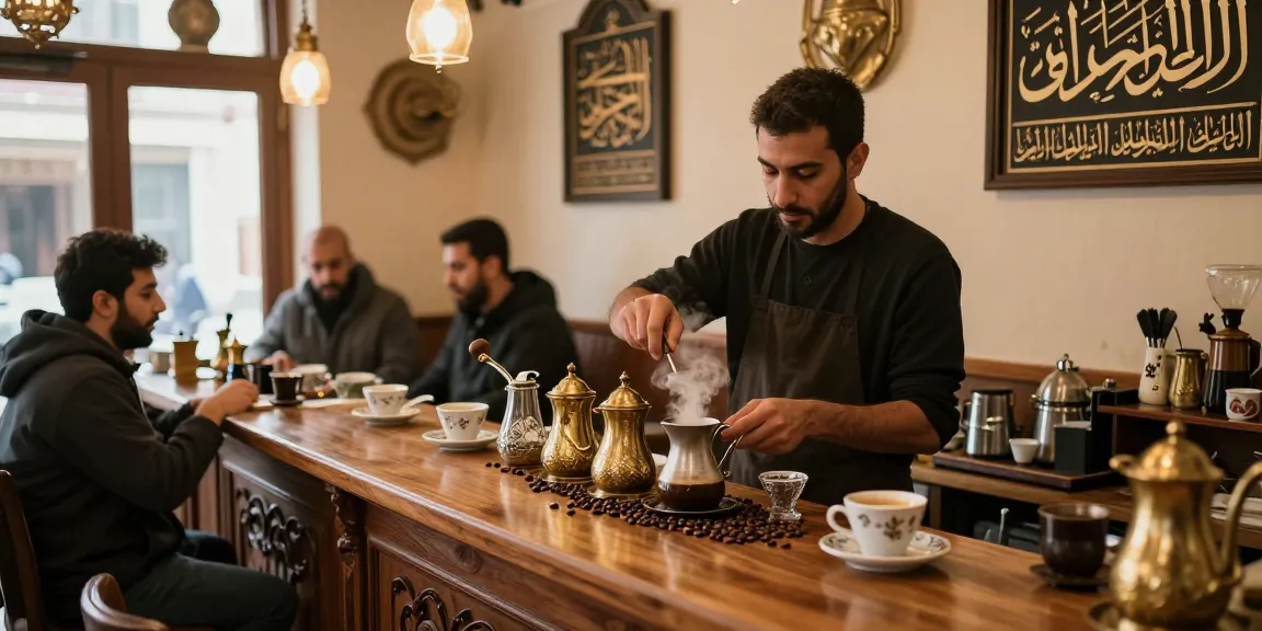 قهوجي يقدم القهوة في مقهى تقليدي بأجواء دافئة.