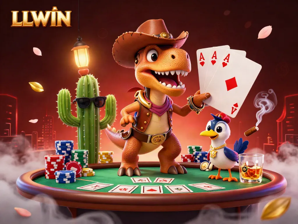 Experience a thrilling LLWIN gaming scene featuring a cowboy dinosaur and poker elements.