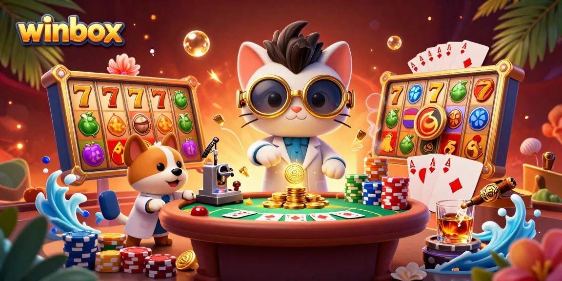 Winbox scene featuring a mad scientist cat and a dog assistant at a poker table with vibrant slot machine elements.